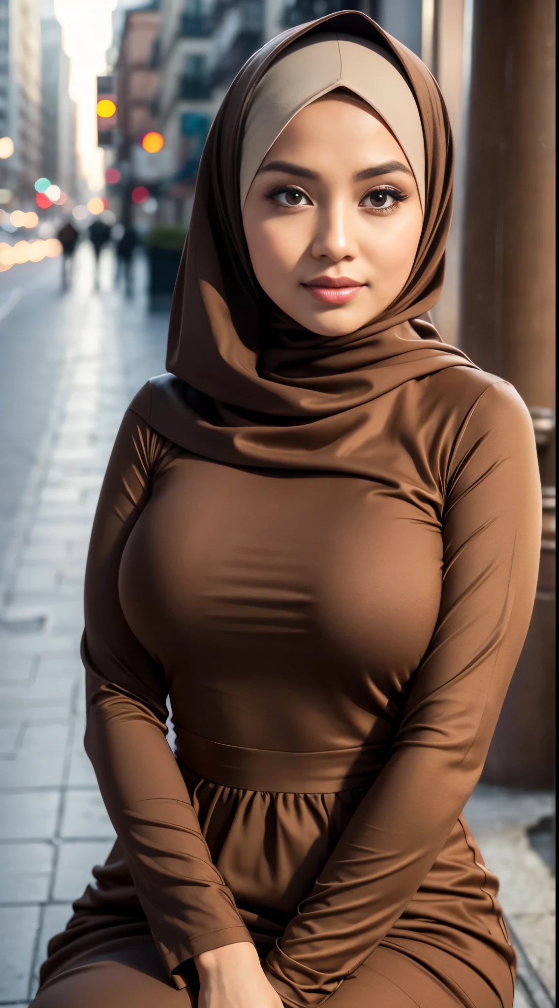 ( Close Up),RAW, Best quality, high resolution, masterpiece: 1.3), beautiful Malay woman in hijab, Masterpiece, perfect fit body, big breasts, beautiful big eyes, Soft smile, beautiful face, thick thighs,sitting, woman in dress brown , posing for photos, sophisticated dress, elegant suit, modestly dressed, women's long dress, brown clothing, simple flowing dress, coat pleats, elegant dress, muted brown, elegant clothing, brown color, detailed image, light brown ,(Delicate turtleneck ), evening walks, City parks, Great lighting, Bright colors, Clean lines