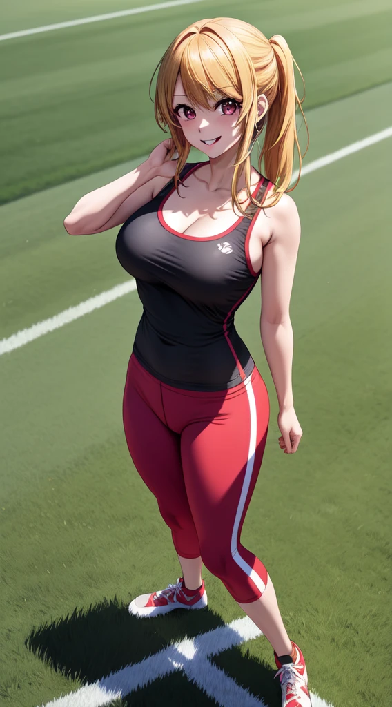 anime, beautiful face, highly detailed face, 2 accurate legs detailed eyes, highly detailed background, perfect lighting, accurate arms, accurate hands, accurate fingers, blonde hair, full body, 1girl, solo, ruby hoshino, oshi no ko, outdoors absurdres, high res, ultrasharp, 8K, masterpiece, looking at the opponent, (full body:1.4), teasing smile, gym clothes, tight sports wear, playing football against someone, cleavage, on a sports pitch