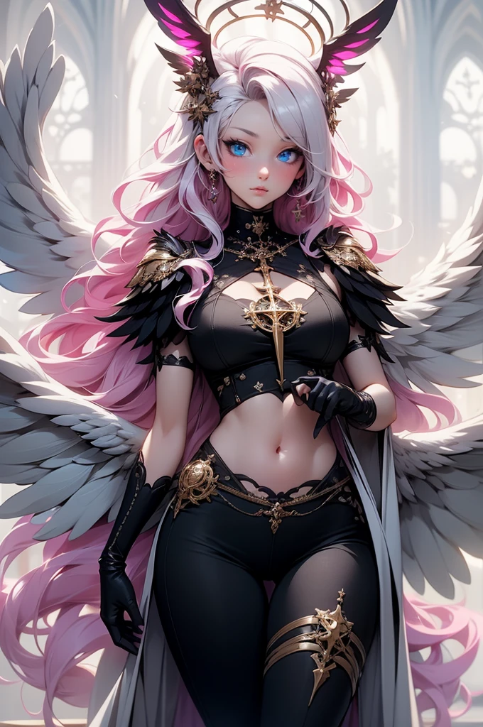 {-erro_de_anatomia:1.0} woman, solo, long hair, breasts, sideboob, areola, long white hair, white stockings, pink heart-shaped wings, compass rose halo, wings, navel, gloves, bunny ears, diaphragm, magic circle, asymmetrical legwear, angel, angel wings, small pink wing, animal ears, very long hair, blue eyes, pink wings, big breasts, mismatched pants, single shoe, feathered wings, blue eyes, shoes, high socks, crop top pink, cross, white hair, looking at the viewer