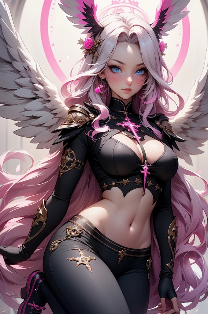 {-erro_de_anatomia:1.0} woman, solo, long hair, breasts, sideboob, areola, long white hair, white stockings, pink heart-shaped wings, compass rose halo, wings, navel, gloves, bunny ears, diaphragm, magic circle, asymmetrical legwear, angel, angel wings, small pink wing, animal ears, very long hair, blue eyes, pink wings, big breasts, mismatched pants, single shoe, feathered wings, blue eyes, shoes, high socks, crop top pink, cross, white hair, looking at the viewer, close up the face, portrait