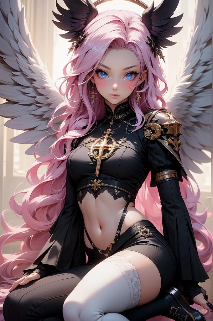 {-erro_de_anatomia:1.0} woman, solo, long hair, breasts, sideboob, areola, long white hair, white stockings, pink heart-shaped wings, compass rose halo, wings, navel, gloves, bunny ears, diaphragm, magic circle, asymmetrical legwear, angel, angel wings, small pink wing, animal ears, very long hair, blue eyes, pink wings, big breasts, mismatched pants, single shoe, feathered wings, blue eyes, shoes, high socks, crop top pink, cross, white hair, looking at the viewer, close up the face, portrait
