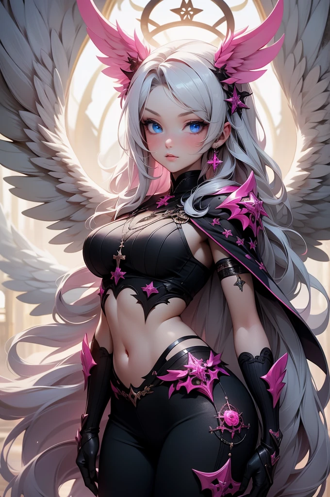 ​masterpiece、top-quality、hight resolution、8K、tchibi、1beautiful girl、Harpy、Harpy Girl、kawaii eyes、big eye、a purple eye、Silver hair、Twin-tailed、Smile with open mouth、teak、lip stick、Colossal 、cleavage of the breast、The arms are winged、Flying with spread wings、Sky over the forest、