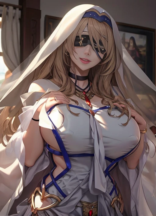 (important reminder:1.6), 1个Giant Breast Girl, (Black bandage eye patch:1.7), (Cover eyes1.7) , (There is a mole in the corner of the left mouth) , (students are slow), hanging, humongous large breast:1.2, cover, Cleavage cutoutreast curtains:1.7)),((cover)), (dampness:1.2), (潮dampness的:1.2), (nipslip:1.2), Large hips, Blonde hair, White dress, long whitr hair, upper legs, choker necklace, hair between eye,, Alone, Metal fittings at the waist, of shoulders, jewely, White dress, (Mona Lisa's smile style), The upper part of the body, chies, (Glossy glossy skin:1),(tmasterpiece:1.4),(Best quality at best:1.4), sexy for, Permanent, 摩洛解放阵线,