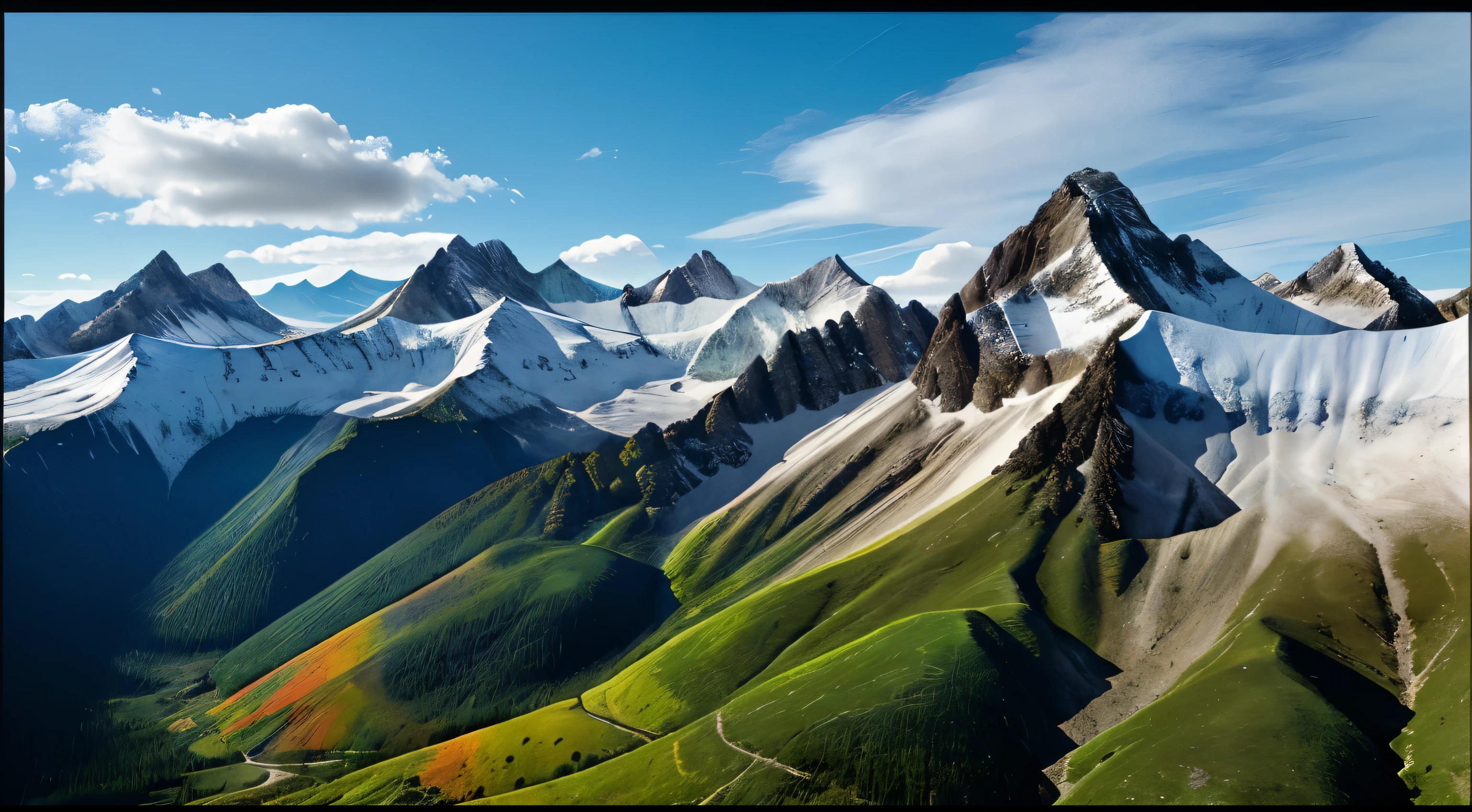 A front view of a beautiful scenery of a colorful high mountains