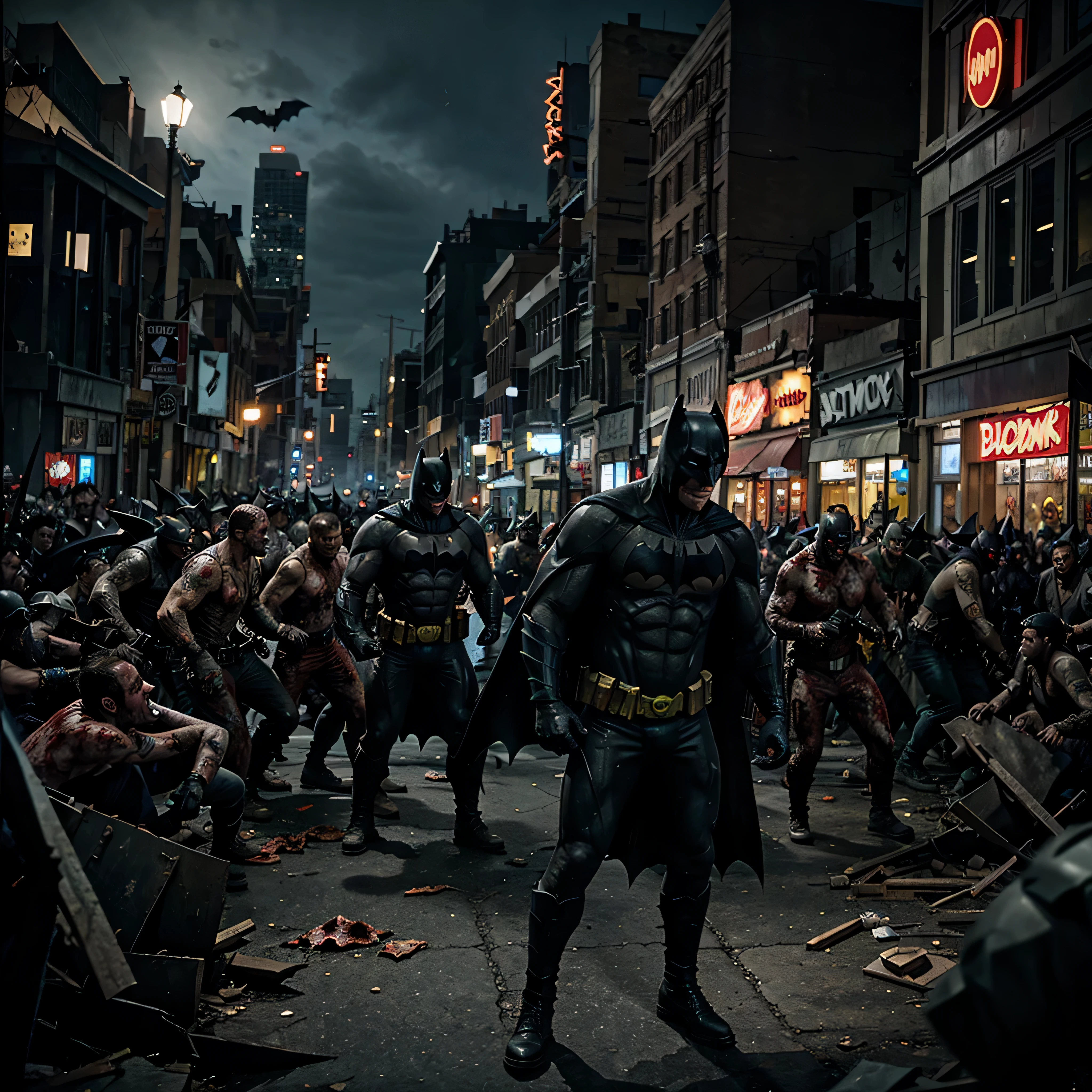 batman. fight. Horde of zombies. city is in ruins.