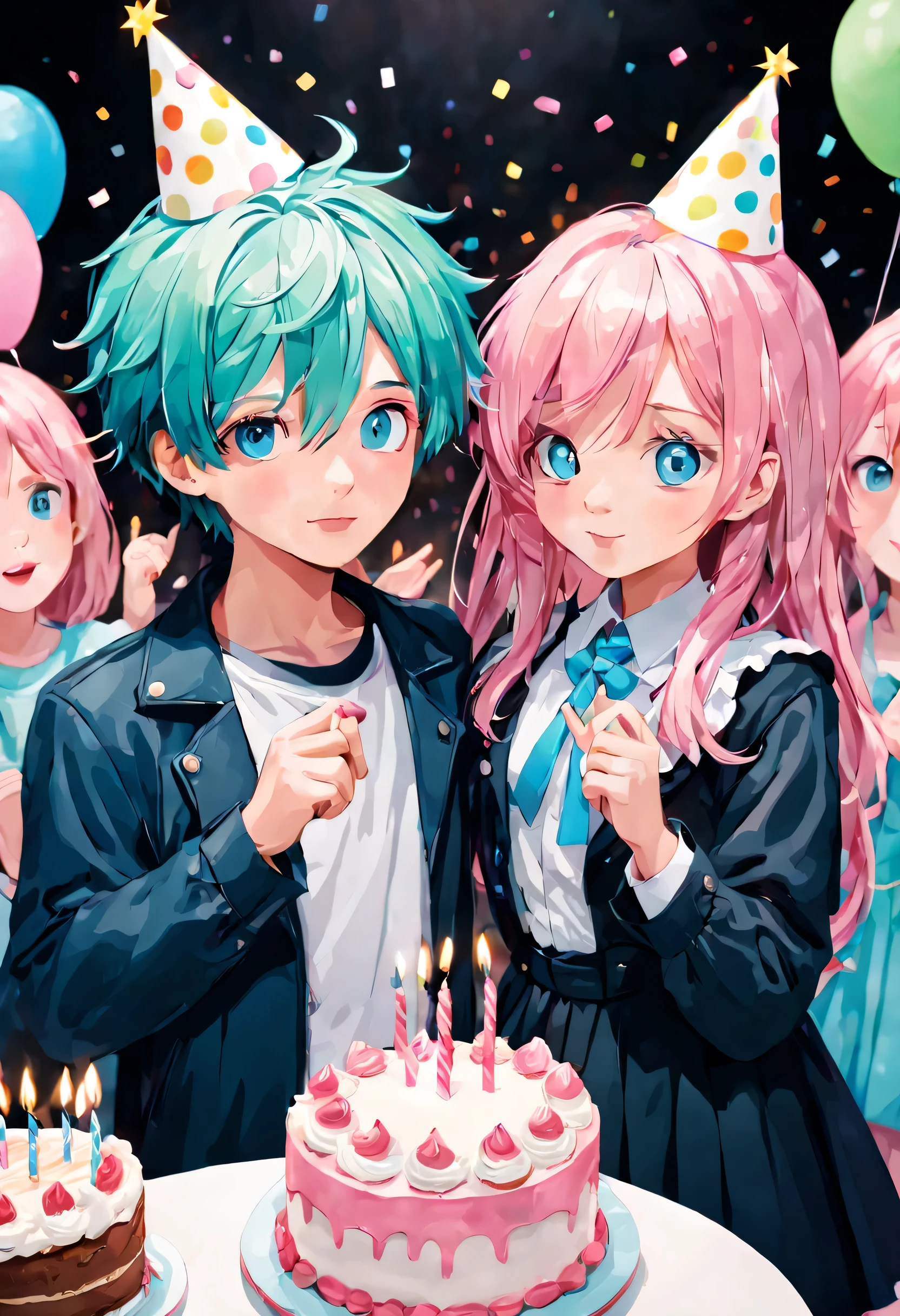 A boy and a girl are celebrating a birthday party. The boy's hair is blue and the boy's eyes are blue. The girl's eyes are green. The girl's hair is pink and then the hair is long.Concert 2 is holding birthday cake