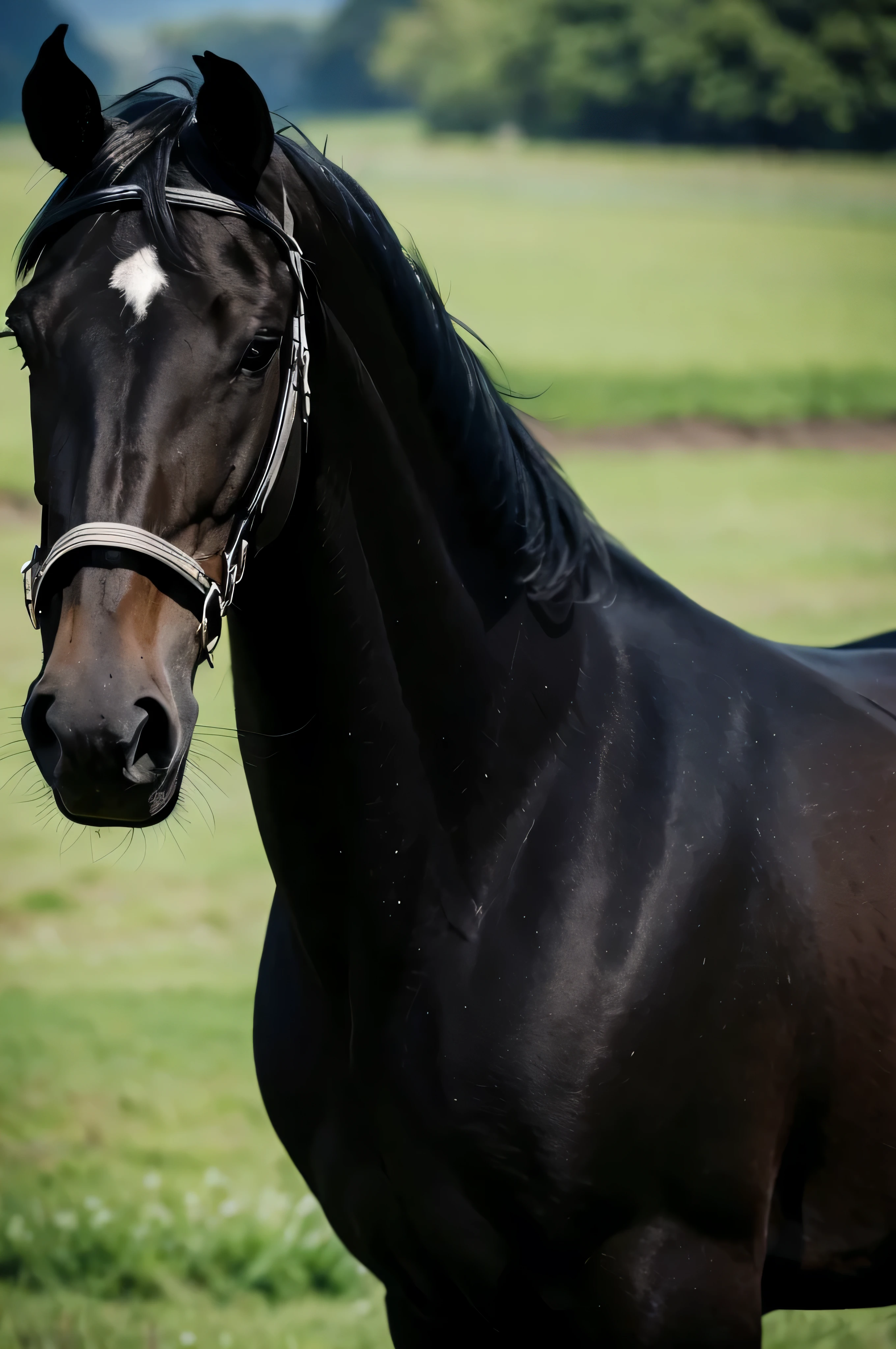 A black horse on the grassland，Close-up cleavage，overcast day