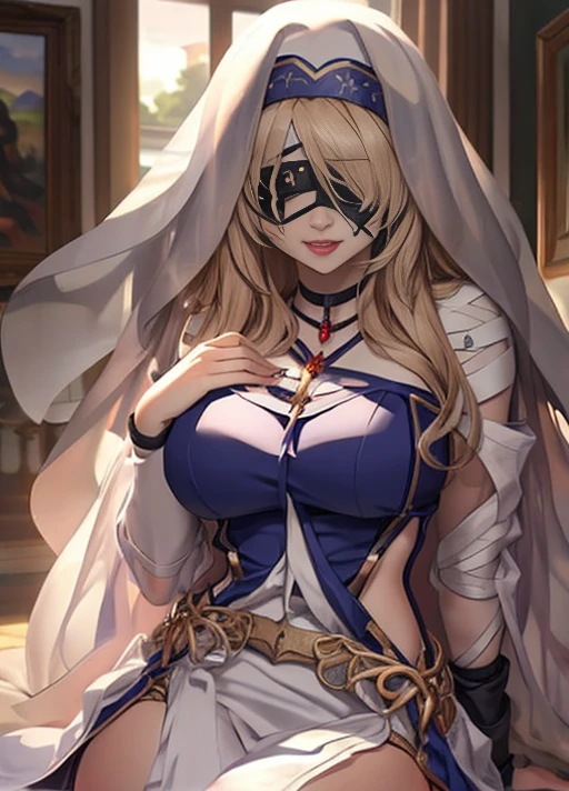 (important reminder:1.6), 1个Giant Breast Girl, (Black bandage eye patch:1.7), (Cover eyes1.7) , (There is a mole in the corner of the left mouth) , (students are slow), hanging, humongous large breast:1.2, cover, Cleavage cutoutreast curtains:1.7)),((cover)), (dampness:1.2), (潮dampness的:1.2), (nipslip:1.2), Large hips, Blonde hair, White dress, long whitr hair, upper legs, choker necklace, hair between eye,, Alone, Metal fittings at the waist, of shoulders, jewely, White dress, (Mona Lisa's smile style), The upper part of the body, chies,  (Glossy glossy skin:1),(tmasterpiece:1.4),(Best quality at best:1.4), sexy for, Permanent,  摩洛解放阵线,