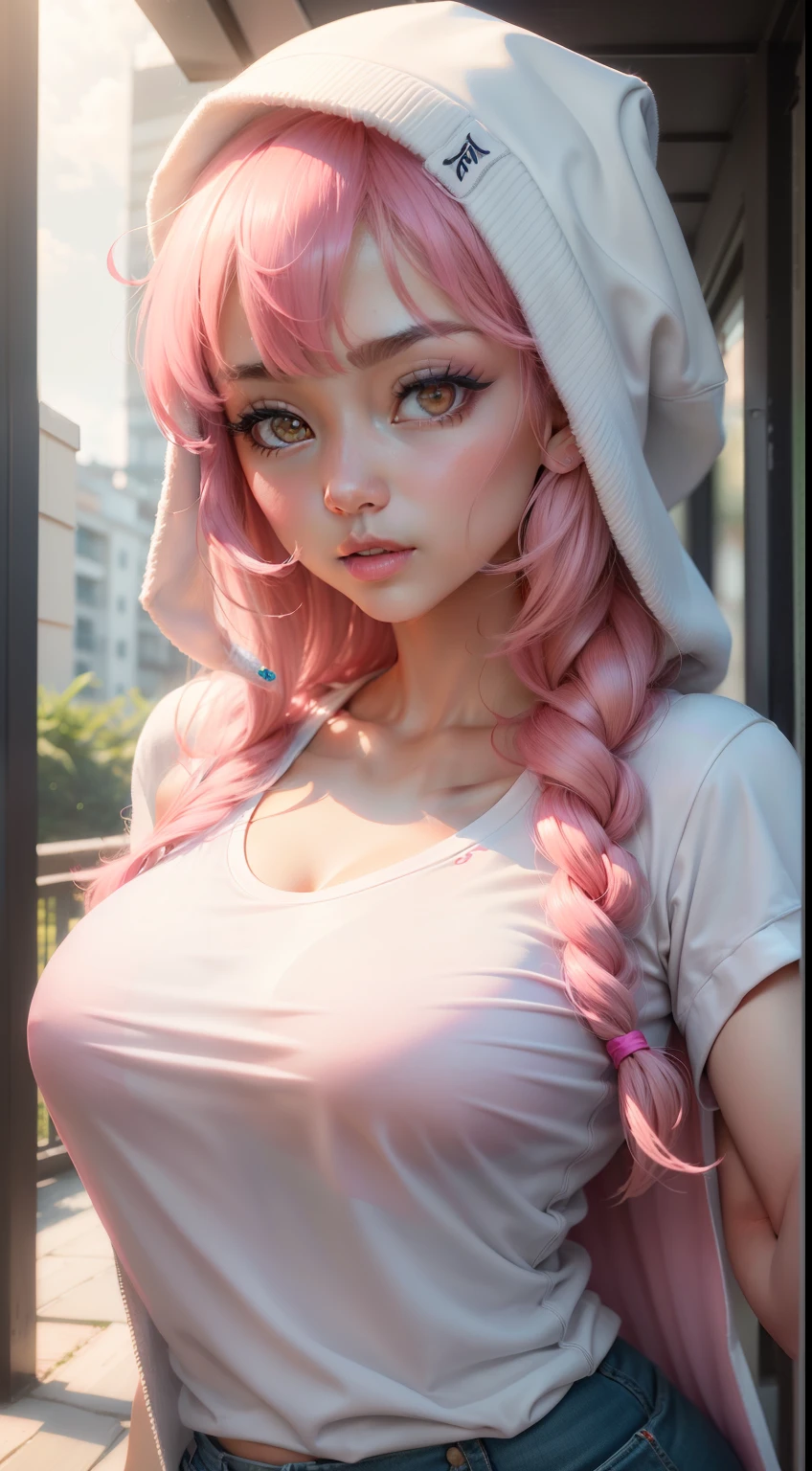 (Ultra Real), (插圖), (High resolution), (8k), (muy detallado), (Best 插圖), (Hermosa chica Eyerazilian detallada con sudadera con capucha blanca abierta, mostrando camiseta rosa sin tirantes