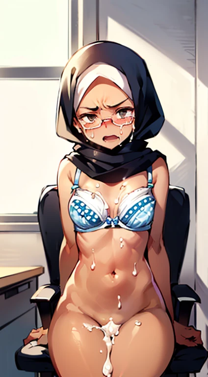Photo of a young malay female with small breasts (((sitting on the chair))) & (((got interrogation))) inside (office room),20yo, petite, skinny, slender body, short body, (((dark skin))), dimples, light, detailed face, embarrassed face, ((looking disgusted)), ((very angry)), ((tears)), (open mouth), Perfect breasts, tiny breasts, natural breasts, flat breast, flat chest, A cup, (((hijab))), (((glasses))), (((polka dots cotton bra))), (((((breast out))))), (((no panties))), ((pee)), (((body covered by semen)))