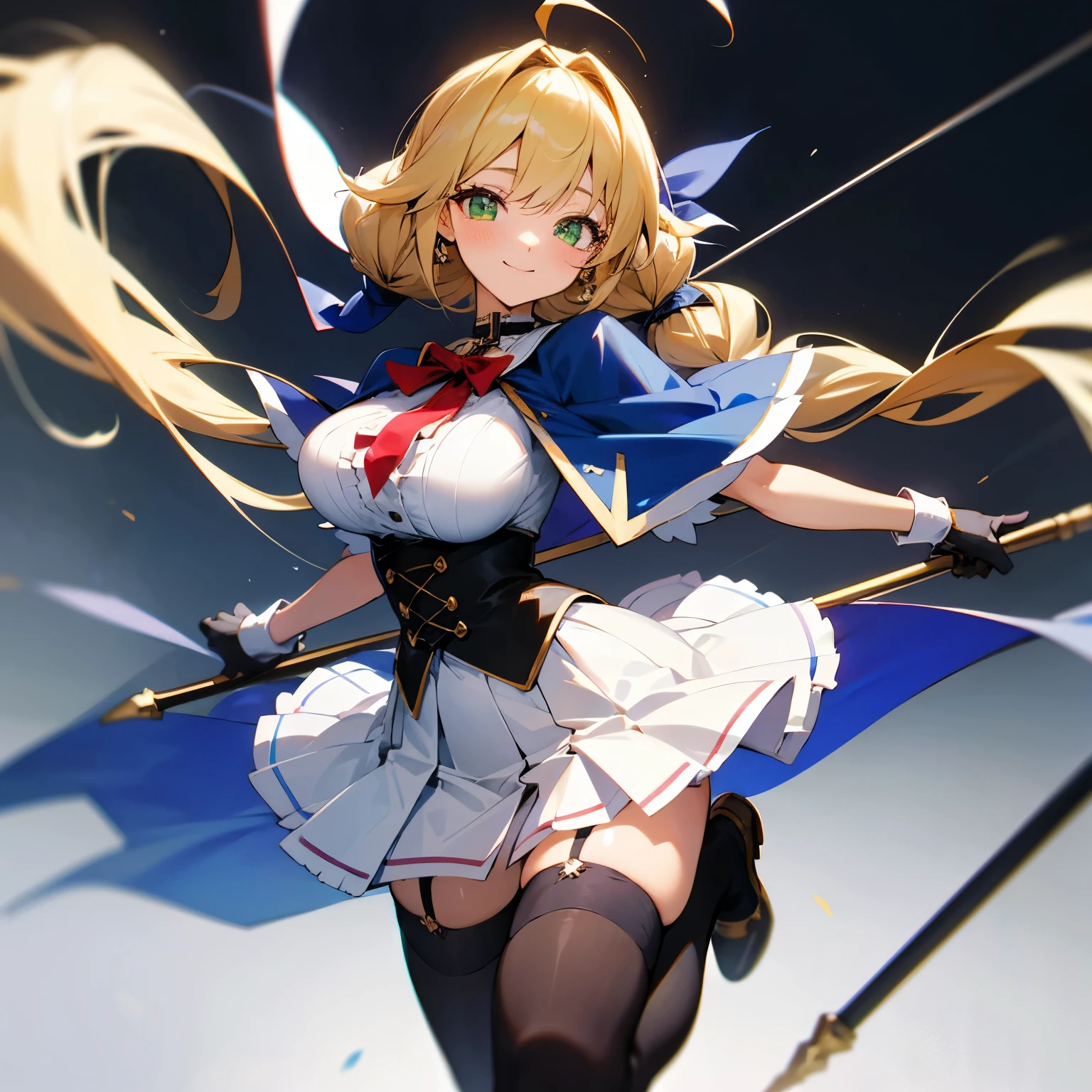 1girl, solo, long hair, breasts, looking at viewer, blush, bangs, skirt, blonde hair, large breasts, simple background, thighhighs, gloves, bow, ribbon, holding, twintails, green eyes, full body, braid, ahoge, hair bow, pleated skirt, frills, twin braids, white thighhighs, zettai ryouiki, capelet, low twintails, garter straps, white skirt, cross, staff,holding staff, underbust, blue gloves,absurdly long hair,cross-laced clothes,blue capelet, Red ribbons、cross choker,underbust,strapless dress,cross earrings,smile,