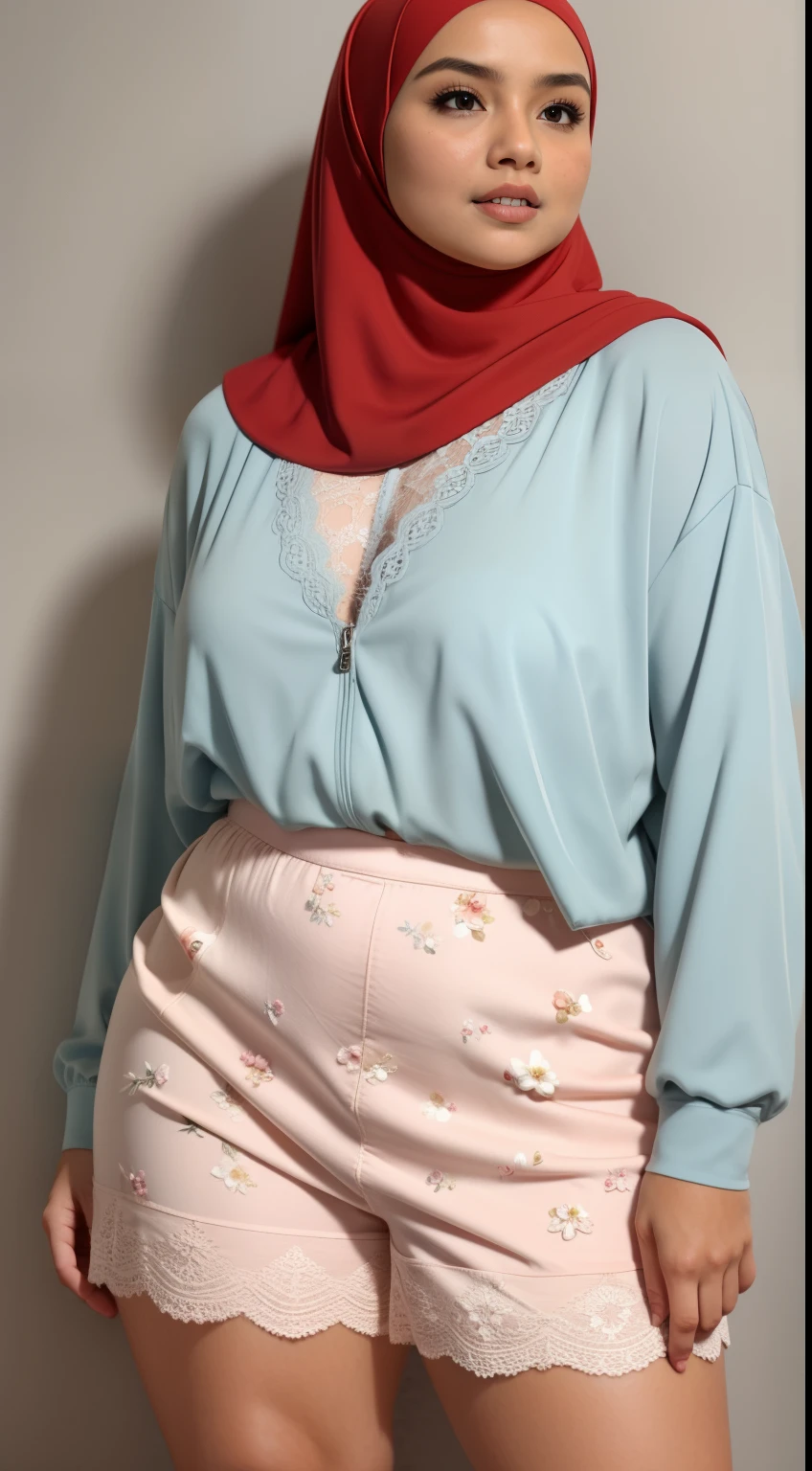 Malay girl in hijab, wear small floral pastel color lace panties slow run in college, jogging, wear backpack, front view, hijab blown, windy, detail skin, age spot, detail skin texture, mole below eyes, small breast, flat chest, wide hips, small waists, thick thighs, slim abs, beautiful body, nighttime, laughing, happy, bright lighting, college student in background, crowded college, blur background, bokeh, ((Flat Chest)), ((Red Lace)), ((BBW)), SHORTS