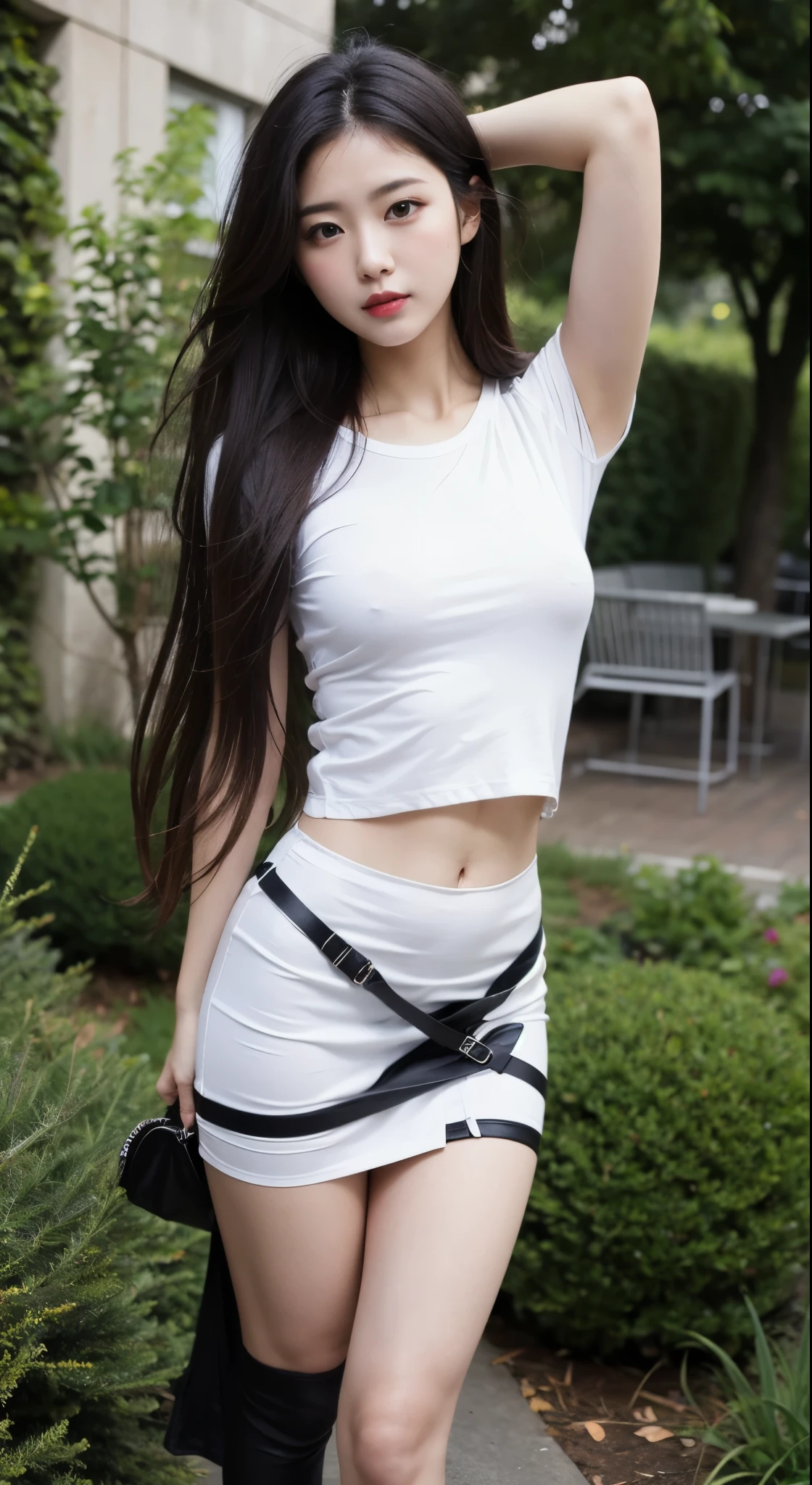 masterpiece,best quality, extremely detailed:1.4, super realistic:1.6, river, tree, standing full body , tall, long legs:1.4, white top, black short skirt, black stocking, front view:1.4