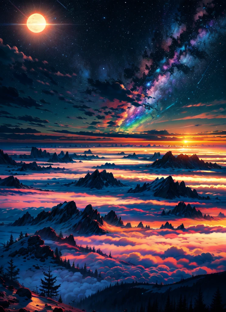 The image depicts a breathtaking otherworldly scenery that is nothing short of magical. It appears to be taken from high above the clouds, as the viewer is presented with a stunning panoramic view of the vast expanse of the sky. The stars twinkle and glimmer, creating a mesmerizing spectacle that is truly awe-inspiring. A colorful rainbow is also visible in the distance, adding a pop of vibrant hues to the otherwise serene and tranquil atmosphere. The sun shines brightly, casting a warm and welcoming glow over the entire scene. Overall, this image is a symphony of colors, light, and beauty that transports the viewer to another world entirely.