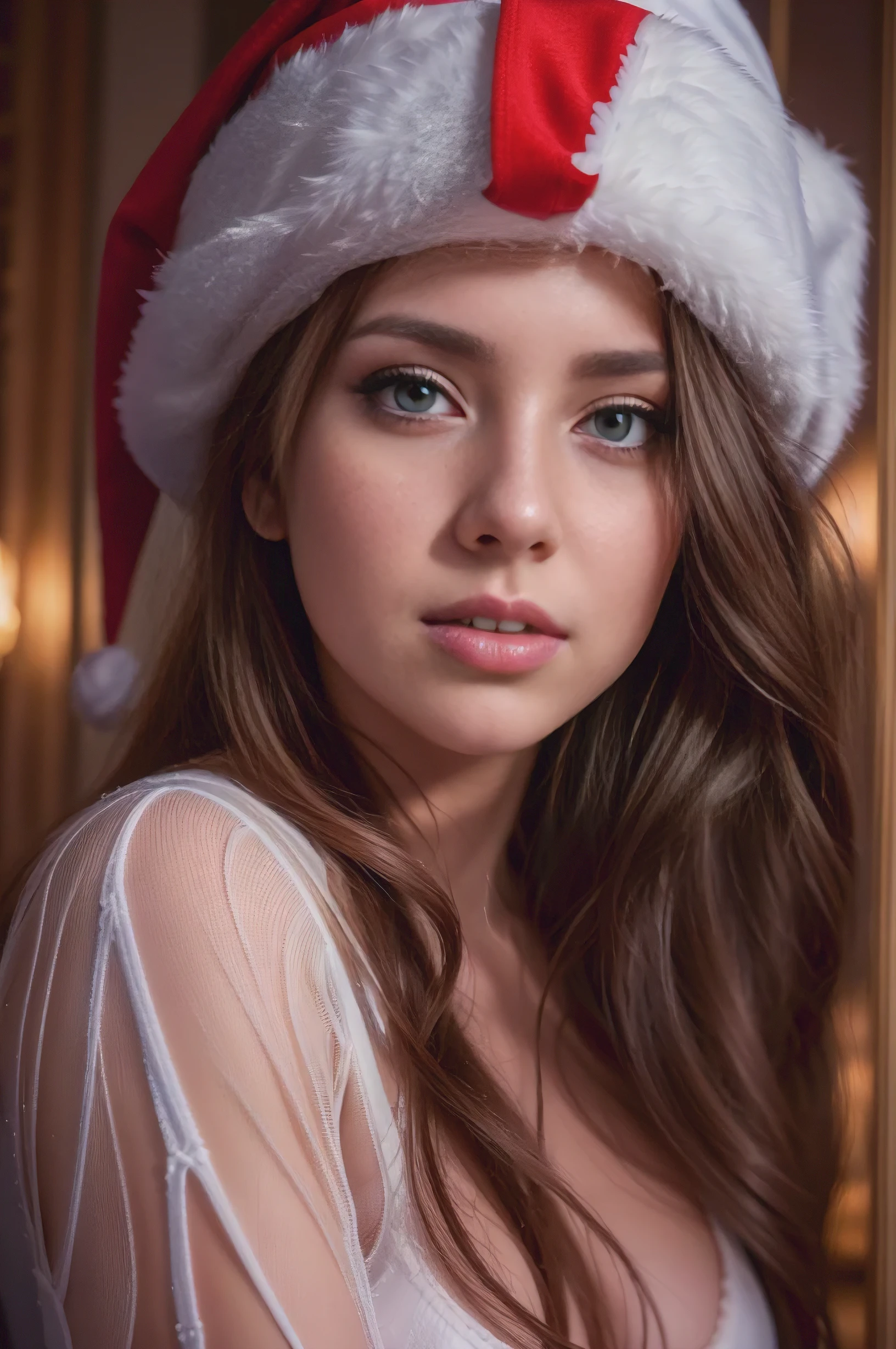 (best quality, realistic),Lora Perfect Girl A, ultra-detailed, vivid colors, professional, HDR, portrait, fine art, digital painting, studio lighting, beautiful detailed eyes, beautiful detailed lips, Santa hat, sexy, confident expression, long brown hair, flawless complexion, elegant pose, white lace lingerie, subtle makeup, alluring gaze, festive atmosphere.