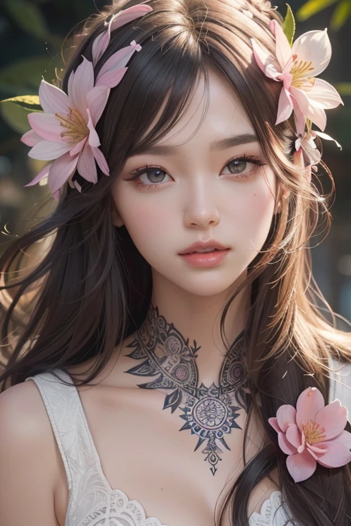 A Beautiful girl, wet big eyes, very long eyelashes, cat-like narrow highly detailed arrows, expressive eyes, expressive and pupils, glare and sparkle in the eyes, filigree symmetrical floral patterns-tattoos on the face, transformation, macro photography, haute couture, tenderness, noir, filigree details, metamorphoses of flowers, hyper-realistic, high quality, hyper-detailed, professional photo, red white pink tones, filigree, beautiful, body art of flowers, transparency photo, professional movie, professional picture, ultra detailed, ultra realistic, cinematic, sharp focus, bright light