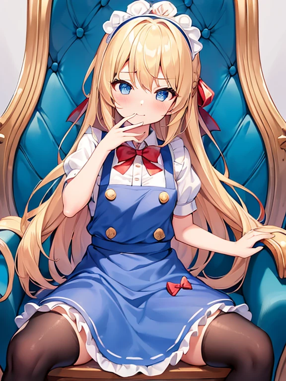 1girl in, (No Panties),(OPEN twat), length hair, blue eyess, blonde hair, diadems, sitting on, I don't wear any underwear、A pose where you can be seen from below、Spreading legs with both hands、full view, doress, the bow, The card, pinafore, shairband, PlayingCards, looking at the viewers, shortsleeves, the bow of the hair, blue hairband, a smile, red blush, hand on own face, blue dress, alice(alice in Wonderland), hair between eye, a chair, Black pantyhose, blue the bow, a throne, puffy sleeves, Put your hand on your cheek, bangss, apron dress, shortsleeves, bow ribbon、very long hair、mini crown、foot out of frame、frilld、white pinafore、:q、​masterpiece、top-quality、((lifted skirt、Pussy、camel's toe)))、SEX、NFSW、anus,