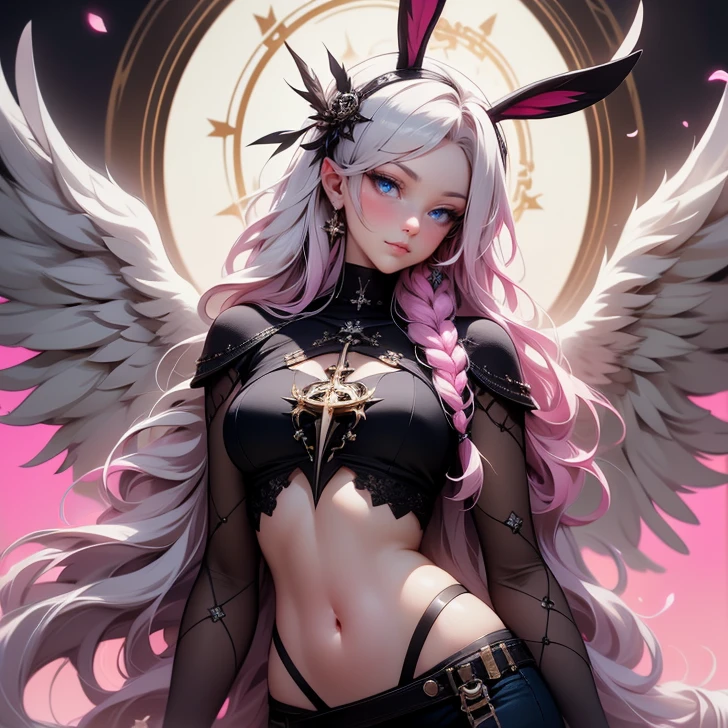 {-erro_de_anatomia:1.0} woman, solo, long hair, breasts, sideboob, areola, long white hair, white stockings, pink heart-shaped wings, compass rose halo, wings, navel, gloves, bunny ears, diaphragm, magic circle, asymmetrical legwear, angel, angel wings, small pink wing, animal ears, very long hair, blue eyes, pink wings, big breasts, mismatched pants, single shoe, feathered wings, blue eyes, shoes, high socks, crop top pink, cross, white hair, looking at the viewer, close up the face, portrait