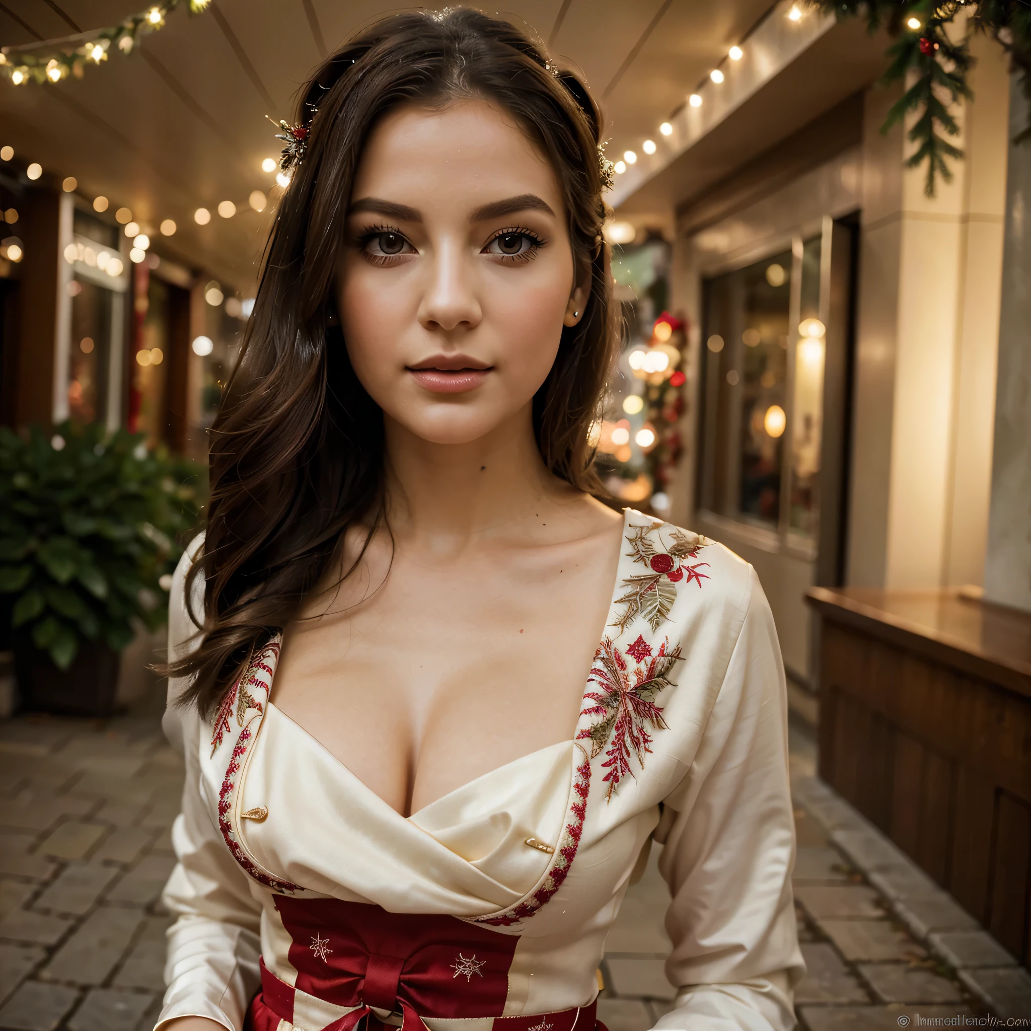 ((best quality)), ((masterpiece)), (detailed), perfect face, A young woman, gracefully adorned in elegant attire, walks down the festively decorated street. Her impeccable makeup enhances her features, with a slightly profiled view emphasizing bright eyes and flawless lips. Dressed in festive garments, she seamlessly blends with the holiday ambiance, creating a charming image of grace and Christmas spirit. Full body, slightly in profile