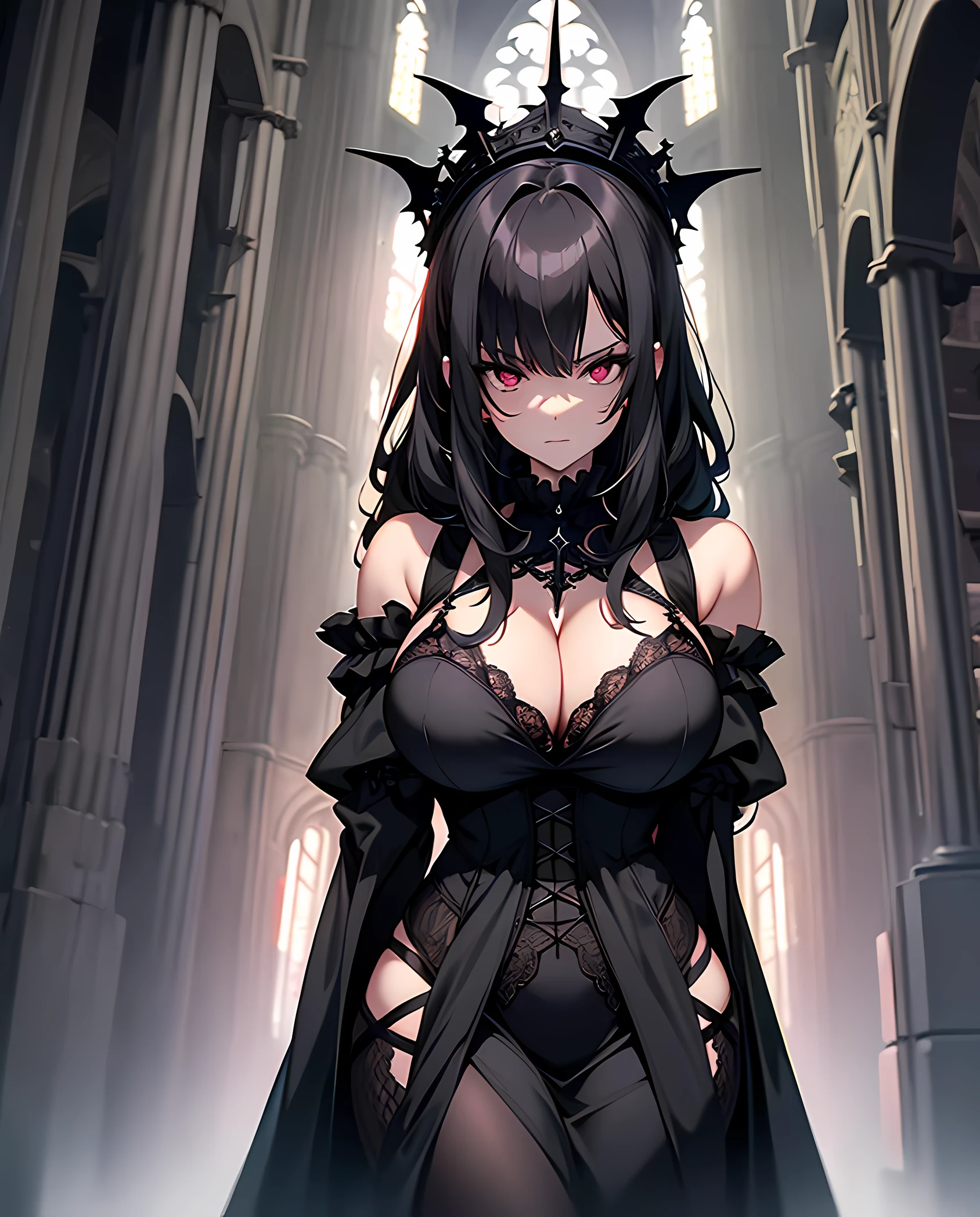 nfsw, busty goth girl in a black dress with cleavage posing in a dark cathedral, full-body ,ultrarealistisch, analog, 8k, green eyes, big breast, lingerie, red eyes