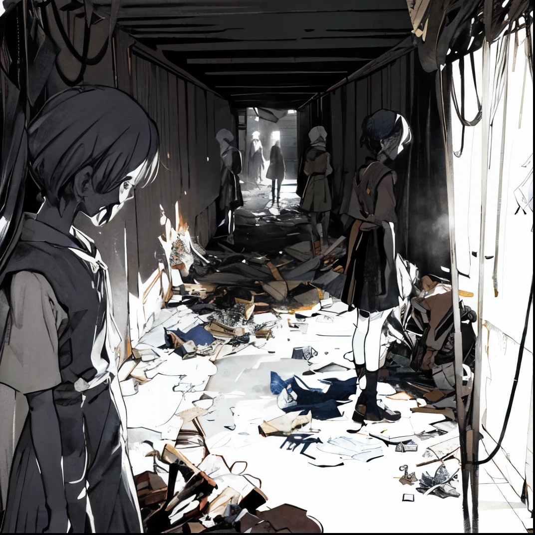 Animated scene of a group of people in a corridor filled with debris,Girl in rags,Middle Ages style，black and white manga style