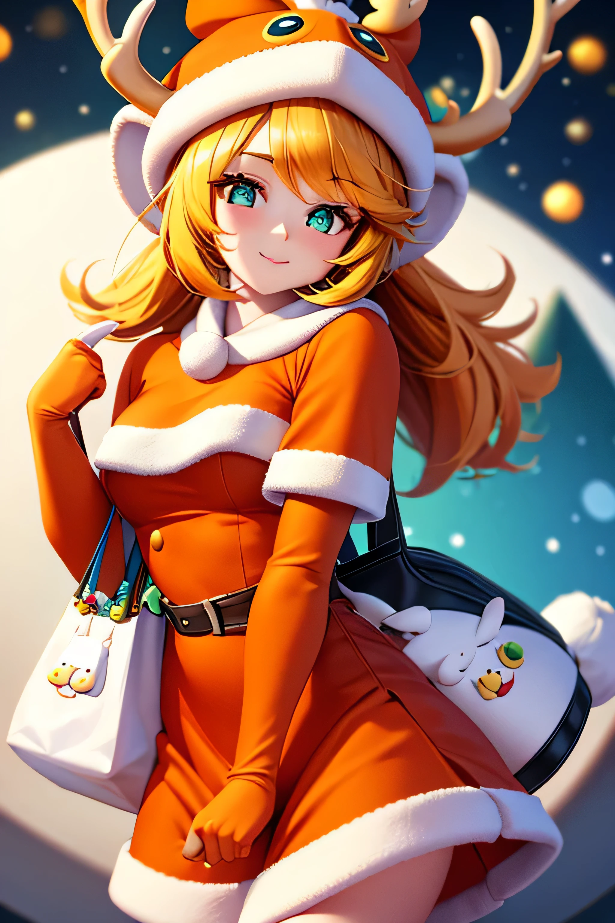 nice cute beautiful lady Santa with fluffy hat, amazing eyes, cool bag, and cute fluffy deer, 3d Pixar style, orange yellow green blue colors