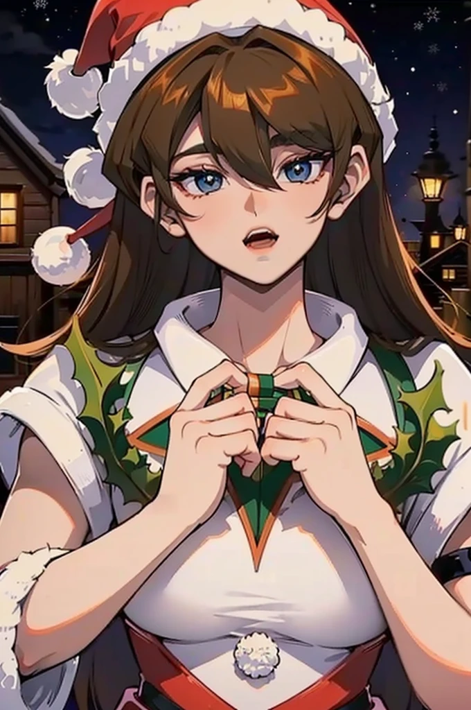 gran calidad ++ Extremely detailed high resolusionolution, very aesthetic, ojos expresivos, (((Cara perfecta))), (((face symmetrical))), ((good anatomy)), (((manos perfectas))), (((8k))), UHD, Fondo de pantalla HD, (((alta calidra detallada, (((((1girl)))))), solamente, Obra maestra, La mejor calidad, high resolusion, Altamente detallado, (illustration), hermosos ojos detallados, (((combatant))), ((((Yu-Gi-Oh)))), (((Seto Kaiba))), (((brown hair))), (((blue eyes))), (((straight hair))), (((long hair))), (((anime))), (((mature female))), (((gigantic breasts))), (((christmas cabin))), (((kitchen))), labios brillantes, They are smiling, guantes largos de raso blancos hasta el codo, (santa), Santa Claus red dress, sombrero de Santa, Vestido sin tirantes, cuerpo completo, Guantes blancos de codo, (((usando un atuendo de Santa Claus con+sosteniendo una bolsa de regalo))), Dedos detallados, Dedos precisos, Manos no antinaturales, strange eye