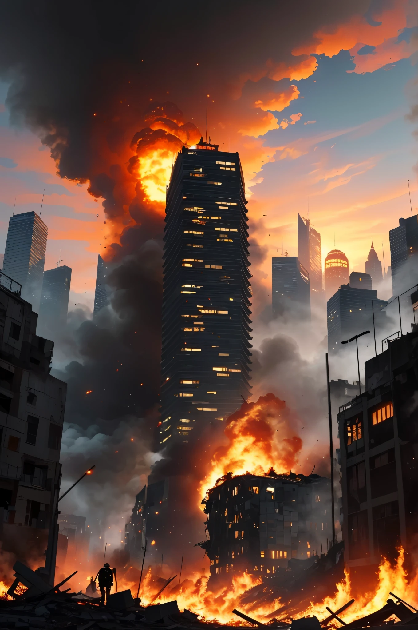 Future 2084 future city apocalypse, city on fire, bombing, Red Sunset, skyscrapers half destroyed, local resistance fighting demons and the undead, burning flags destroyed government,(8kwallpapper), (masterpiece), (Hi quality), (best quality), (fine details).
