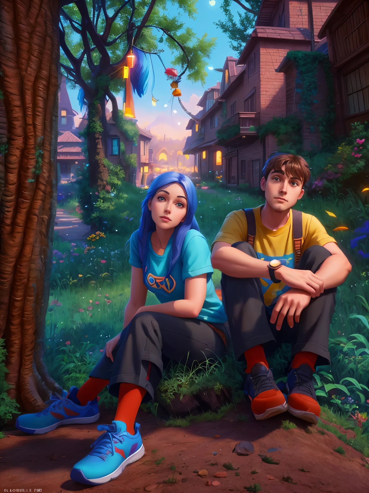 young couple sitting on the ground in front of a tree, rhads and lois van baarle, beeple and stylized fantasy artwork, animated film stills, renderings, photorealistic, animated films, close-up full body shots, animated film stills, official art , realistic photos, animated film stills , promotional stills, animated stills, in animated style, detailed portrait images