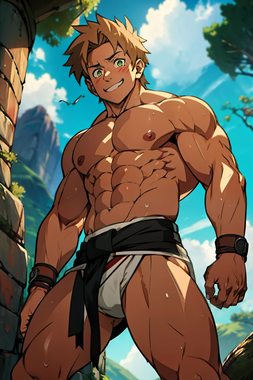 red skin, bright red skin, the boy blushed shyly , rosy skin, shiny skin(muscular thigh muscles )(Naruto anime style, art) (photo angle from bottom up) (photo angle from the ground upwards) [Anime photo][highest quality photo][4k,HD photo quality ] wear tight and short loincloths ,the loincloth bulges due to the erect male genitaluscular thigh muscles, firm thigh muscles, muscular thigh muscles, sinewy thigh muscles, giant thigh muscles, strong leg muscles, muscular hamstring leg muscles)(thigh muscles bulging as if about to explode, muscular, calloused, sinewy, giant) , Rudeus Greyrat,fun, happy,bodybuilder,bodybuilding, standing, lots of sweat flowing down, topless, shirtless, hot sunny, 8 pack abs , short hair , green eyes