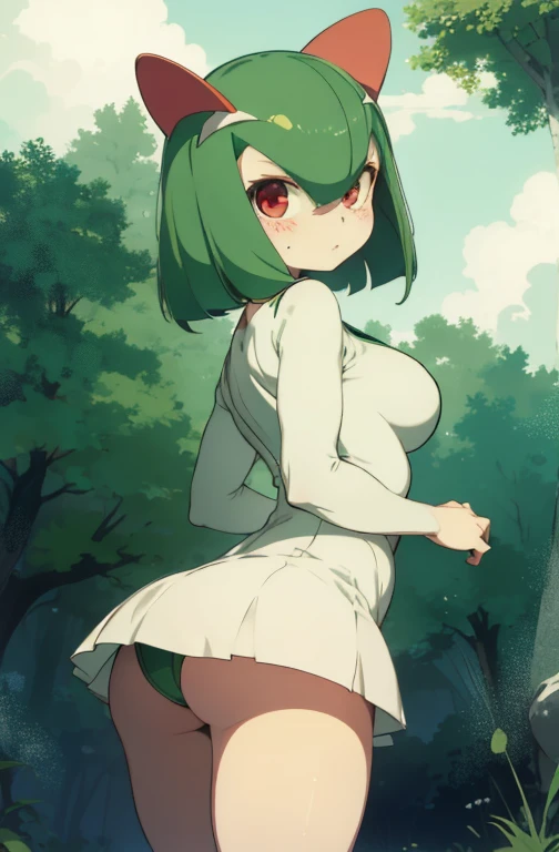 masterpiece, best quality, 1 girl, solo, kirlia, green hair, red eyes, white dress, green skin, short hair, wide hips, thick thighs, huge round ass, medium breasts, kiss, love, dark circles, freckles, sad, dynamic poses, ultrasharp, 8K, masterpiece, looking at viewer