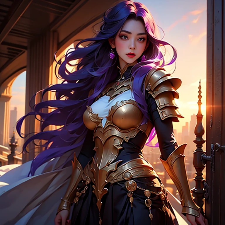 (masterpiece, best quality),1girl with long purple hair standing on the edge of a sky scraper, swedish face with sharp features, warm lighting,  pupilless glowing purple eyes, golden-tan skin,detailed-beautiful eyes,gothic fantasy armour, purple make-up