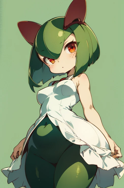 masterpiece, best quality, 1 girl, solo, kirlia, green hair, red eyes, white dress, green skin, short hair, wide hips, thick thighs, huge round ass, medium breasts, kiss, love, dark circles, freckles, sad, dynamic poses, ultrasharp, 8K, masterpiece, looking at viewer