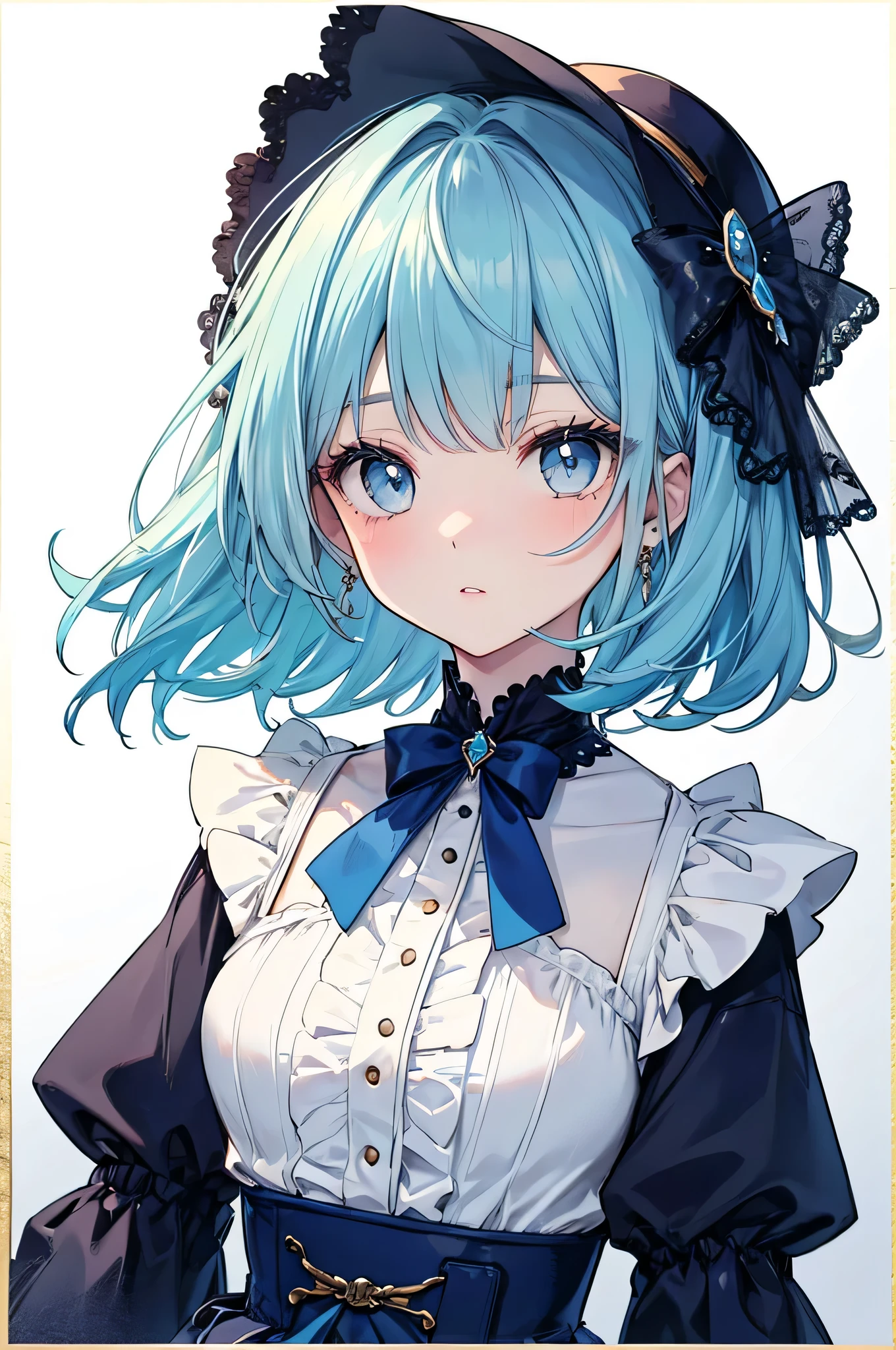 (Antique style, Girly: 1.2, Blue color hair: 1.1, Blue eyes: 1.1, Big eyes)