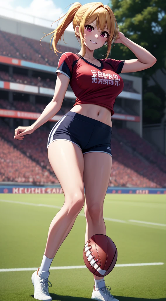 anime, beautiful face, highly detailed face, 2 accurate legs detailed eyes, highly detailed background, perfect lighting, accurate arms, accurate hands, accurate fingers, blonde hair, full body, 1girl, solo, ruby hoshino, oshi no ko, outdoors absurdres, high res, ultrasharp, 8K, masterpiece, looking at the opponent, (full body:1.4), teasing smile, tight football t-shirt, tight sport shorts, playing football against someone, cleavage, on a football pitch, holding a football