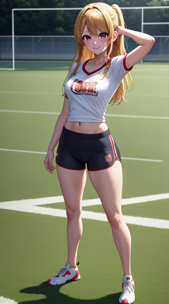 anime, beautiful face, highly detailed face, 2 accurate legs detailed eyes, highly detailed background, perfect lighting, accurate arms, accurate hands, accurate fingers, blonde hair, full body, 1girl, solo, ruby hoshino, oshi no ko, outdoors absurdres, high res, ultrasharp, 8K, masterpiece, looking at the opponent, (full body:1.4), teasing smile, tight football t-shirt, tight sport shorts, playing football against someone, cleavage, on a football pitch, holding a football