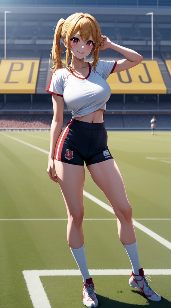 anime, beautiful face, highly detailed face, 2 accurate legs detailed eyes, highly detailed background, perfect lighting, accurate arms, accurate hands, accurate fingers, blonde hair, full body, 1girl, solo, ruby hoshino, oshi no ko, outdoors absurdres, high res, ultrasharp, 8K, masterpiece, looking at the opponent, (full body:1.4), teasing smile, tight football t-shirt, tight sport shorts, playing football against someone, cleavage, on a football pitch, holding a football