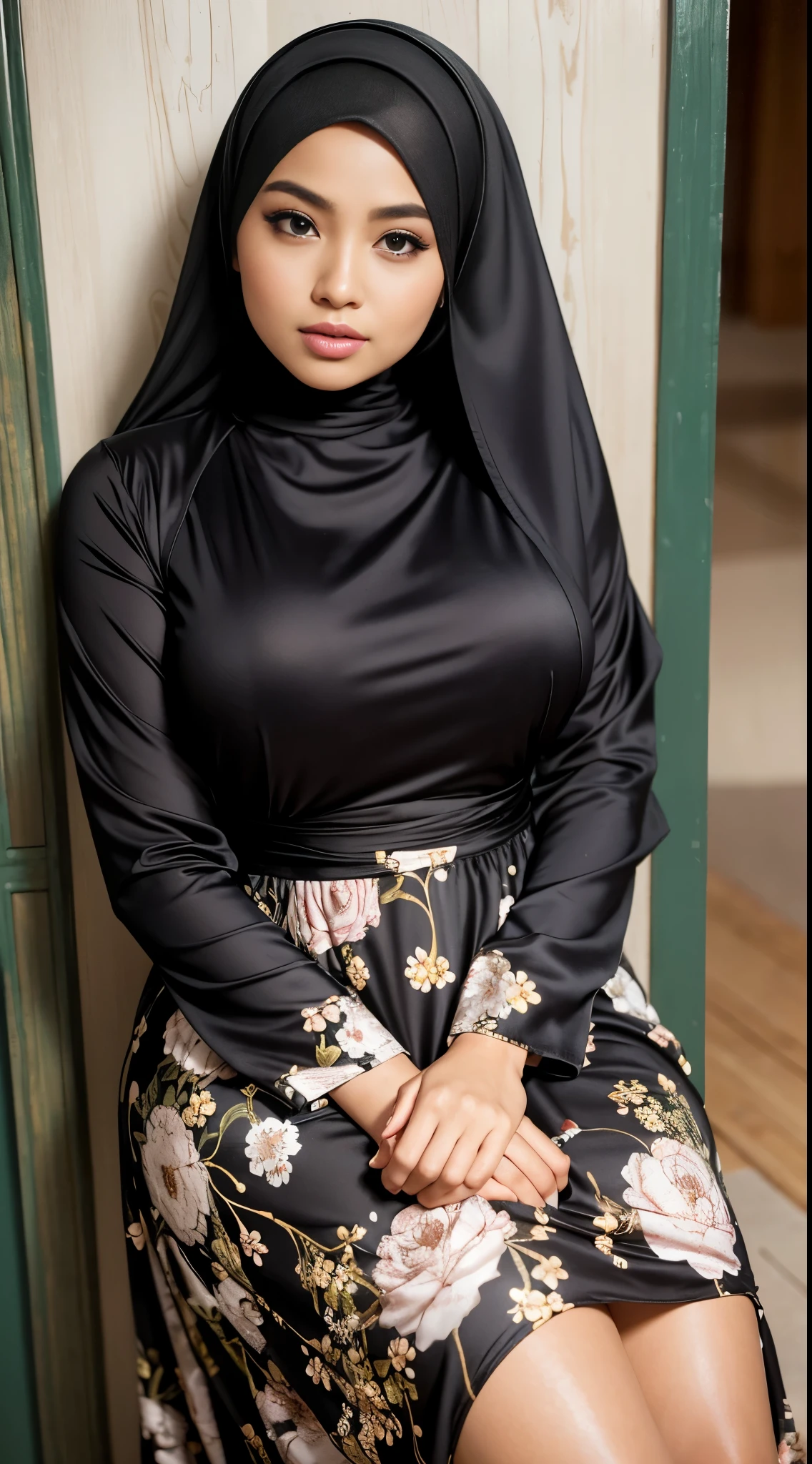 ( Close Up),RAW, Best quality, high resolution, masterpiece: 1.3), beautiful Malay woman in hijab,Masterpiece, perfect fit body, big breast,big gorgeous eyes, Soft smile,beutiful face,thick thighs, sitting, woman in a black and white floral dress standing in front of a green door, modest flowing gown, beautiful soft silky dress, beautiful silky dress, beautiful detailed dress, stylish dress, swirly flower dress, wearing a long flowery dress, full covered dress, delicate patterned, long dress female, frock, flowery dress, baroque dress, lady with glowing flowers dress , (Delicate turtleneck) , shairband, afternoon walk, City garden, Excellent lighting, Bright colors, Clean lines,