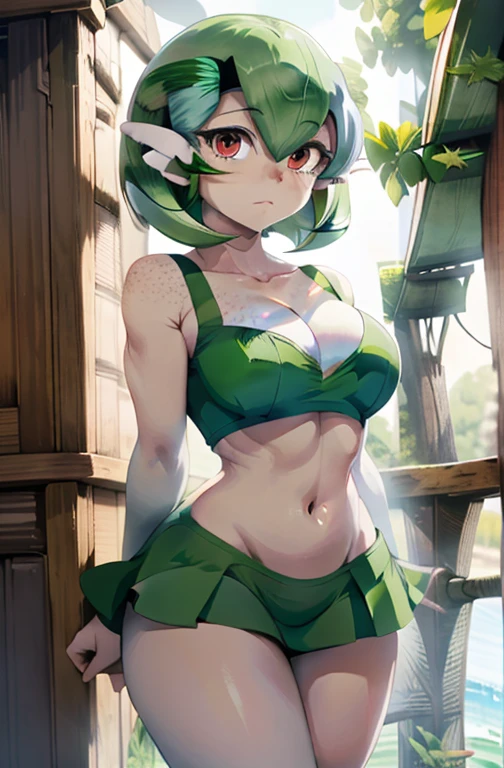 masterpiece, best quality, 1 girl, solo, kirlia, green hair, red eyes, white dress, green skin, short hair, wide hips, thick thighs, huge round ass, medium breasts, kiss, love, dark circles, freckles, sad, dynamic poses, ultrasharp, 8K, masterpiece, looking at viewer