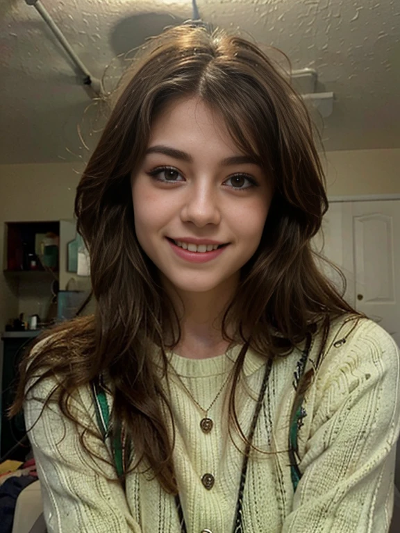 create a picture of a girl with long brown hair, die glatt sind. green eyes and a nice smile! Realistic style. Nice light makeup. Teenager. Canadian. Sweet. 8k. Cute sweater