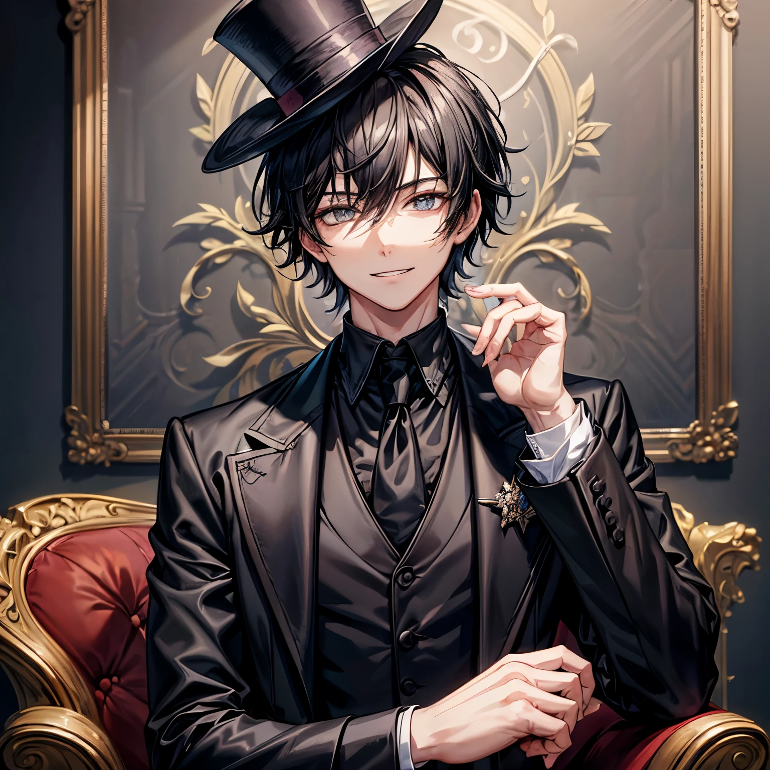 (best quality),(masterpiece),(original),extremely detailed wallpaper,looking at viewer,1boy,male,male focus,solo, black hair,messy hair,evil smile,black top hat, grey suit,black vest,black necktie,black cargo pants,upper body,