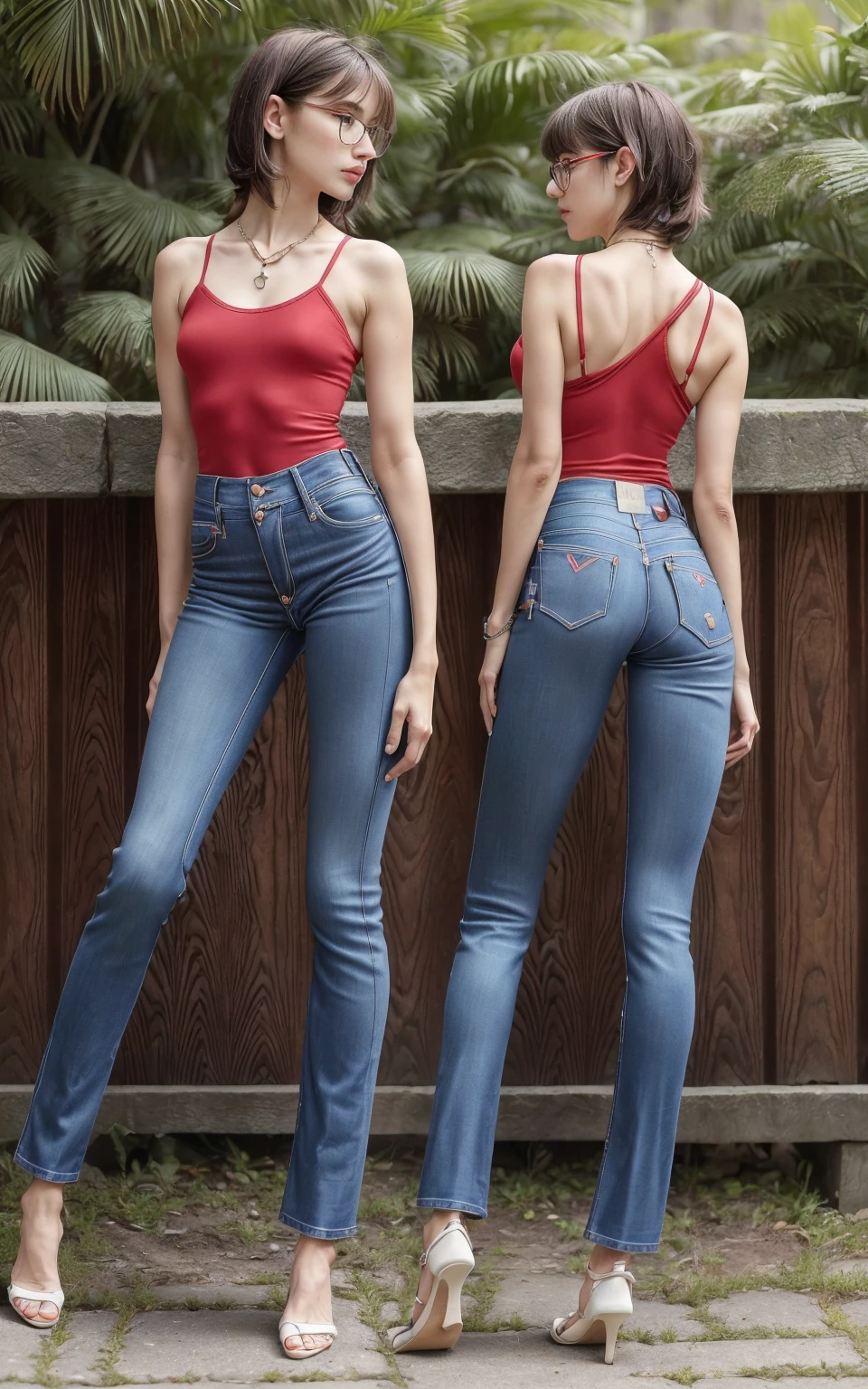 (8K, Masterpiece, RAW photo, Best quality, detail:1.3), (ultra realistic Natural background, scenary:1.5), Depth of field, Cinematic light, (ultra realistic face), (1 picture of 1 solo girl Airim Jones:1.6), 1girl, (Beautiful and elegant Russian girl), (skinny girl with glasses), (European face:1.3), (perfect complete full body:1.6), (full body shot including shoes:1.6), (perfect [frontal view|side profile|back profile]:1.5), (small necklace, collarbone:1.1), ( [bangs|pigtails|bob|pixie] hair:1.5), (ultra detailed skin:1.4), (y red minitop:1.5), (soft fabric miniTop:1.5), (Paneled Jeans:1.7), (perfect standing pose:1.5), (perfect long legs:1.3), (low rise jeans:1.5), (low waisted jeans:1.5), (perfect shoes:1.5), (perfect feet:1.5)