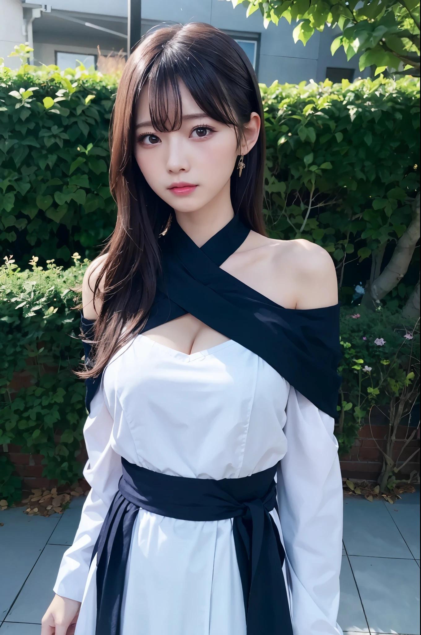 Ultra-realistic 8K CG，tmasterpiece，（（Ultra detailed backgrounds，delicate patterns，Best intricate and detailed quality，Full body photo，非常に非常に詳細なfaces，非常に詳細な目とfaces，Very detailed eyes，kochou shinobu，O cabelo multicolorido，No bangs，Hair intake，Purple Eye，haori，butterflys，Strip strip，（Torpical Garden：1.2），purple flower，mostly cloudy skyporn，rays of sunshine，Tindall Effect，gradient_skyporn，faces，Beautiful?skyporn，Saber on the waist，enchanting posture，（Large breasts:1.3)，（cleavage:1.3)，（Off-the-shoulder clothing:1.6)