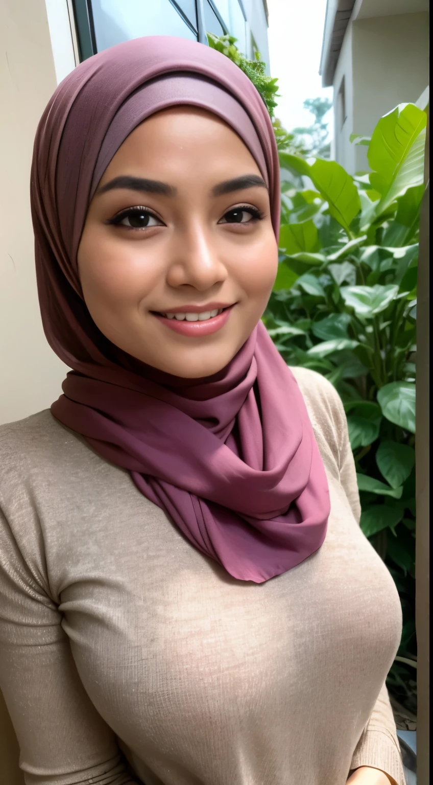 RAW, Best quality, high resolution, masterpiece: 1.3), beautiful Malay woman in hijab,Masterpiece, perfect fit body, ((Huge breast)), biggorgeous eyes, Soft smile,muslim woman in a plain long sleeve shirt and hijab posing for a picture, hijab, with lovely look, with beautiful colors, with accurate face, pose 4 of 1 6, traditional beauty, batik, wearing beautiful clothes, beutifull, with beautiful exotic, attractive pose, cute pose, scarf, wearing plain chiton, very attractive , she is smiling,Delicate turtleneck, necklace, shairband, afternoon walk, City garden, Excellent lighting, Bright colors, Clean lines