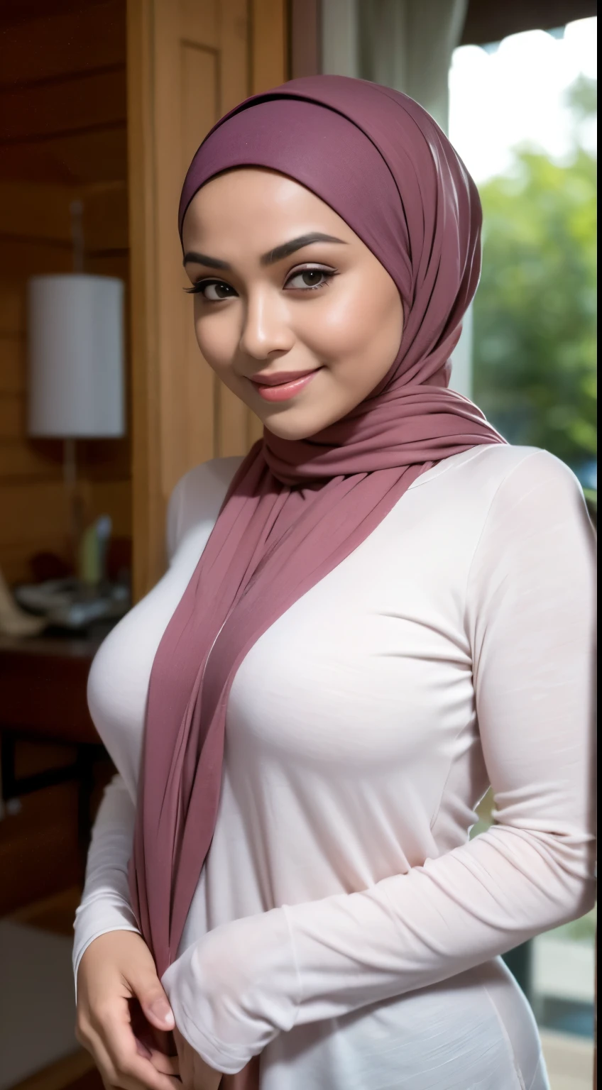 RAW, Best quality, high resolution, masterpiece: 1.3), beautiful Malay woman in hijab,Masterpiece, perfect  fit body, ((Huge breast)), biggorgeous eyes, Soft smile,muslim woman in a plain long sleeve shirt and hijab posing for a picture, hijab, with lovely look, with beautiful colors, with accurate face, pose 4 of 1 6, traditional beauty, batik, wearing beautiful clothes, beutifull, with beautiful exotic, attractive pose, cute pose, scarf, wearing plain chiton, very attractive , she is smiling,Delicate turtleneck, necklace, shairband, afternoon walk, City garden, Excellent lighting, Bright colors, Clean lines