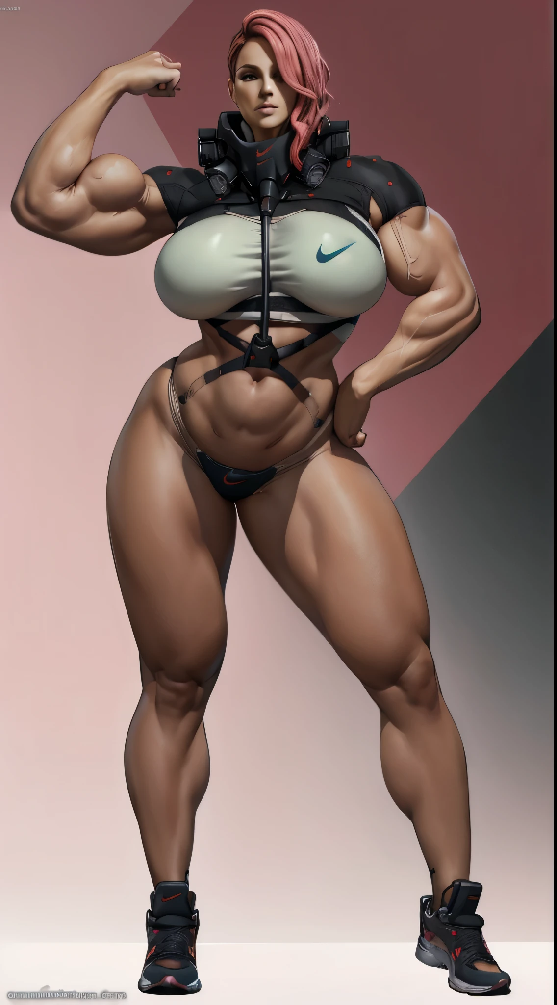 Mistral, cabelos rosados, maquiagem, olhos azuis, Standing, sozinho,Mistral, cabelos rosados, maquiagem, olhos azuis, alta resolução,1girl, (extremely detalheed CG unity 8k wallpaper:1.5) perfect lighting, muscular female, coxas, seios grandes, axilas, matural female, milf, olhando para o espectador (obra-prima, alta qualidade: 1.2)(Rosto realista, sedutor, olhar)), (camisa rosa rosa, black underwear, roupas curtas), (cabelo longo cor-de-rosa, pink Nike sneakers),