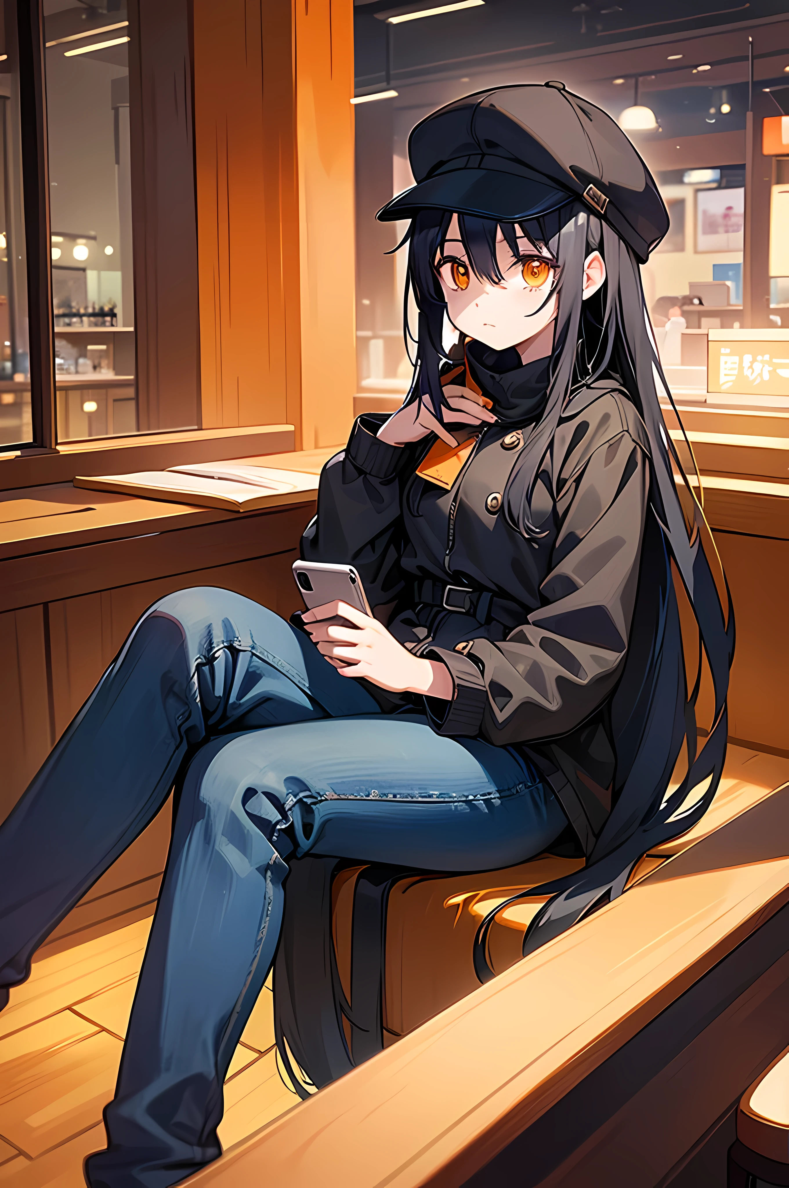 (8K Ultra High-Quality) (Masterpieces) (Image) (人物: Rimuru) 1 Girl, Long Black hair, Orange eyes colors, wearing coat, wearing Jean, background in cafe, wearing cap, playing phone, sitting in cafe, looking at phone.