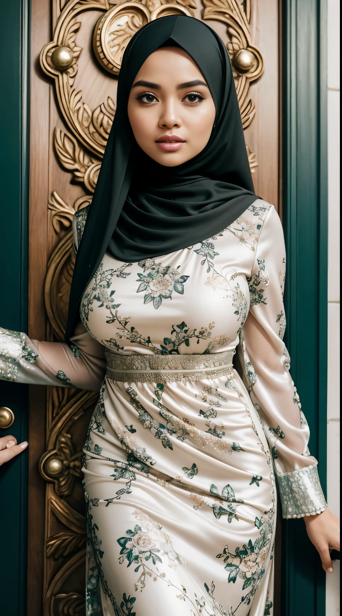 ( Close Up),RAW, Best quality, high resolution, masterpiece: 1.3), beautiful Malay woman in hijab,Masterpiece, perfect fit body, big breast,big gorgeous eyes, Soft smile,beutiful face,thick thighs, woman in a black and white floral dress standing in front of a green door, modest flowing gown, beautiful soft silky dress, beautiful silky dress, beautiful detailed dress, stylish dress, swirly flower dress, wearing a long flowery dress, full covered dress, delicate patterned, long dress female, frock, flowery dress, baroque dress, lady with glowing flowers dress , (Delicate turtleneck) , shairband, afternoon walk, City garden, Excellent lighting, Bright colors, Clean lines,