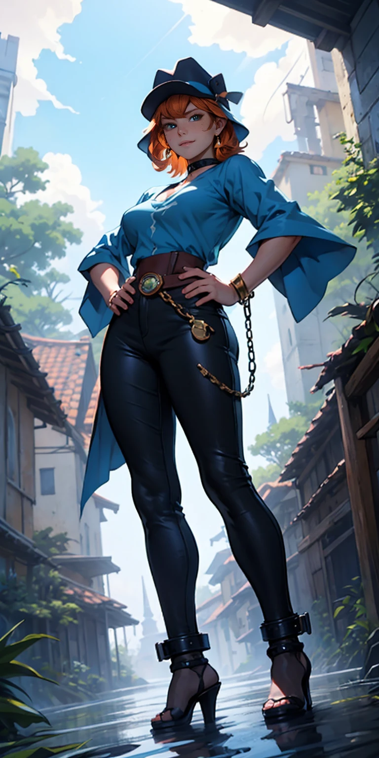 ghibli style, Nausicaa \(Nausicaa\), 1girl, 30 y.o., armlet, bangs, orange hair, Nausicaa outfit, breasts, earrings, floating hair, brown eyes, jewelry, looking at viewer, big breasts, parted bangs, shirt, medium hair, solo, blue shirt , steampunk, ((masterpiece)), from below, looking at viewer, full body standing straight symmetrical, blue high heels, blue wizard hat, black choker, shackles, hands on hip