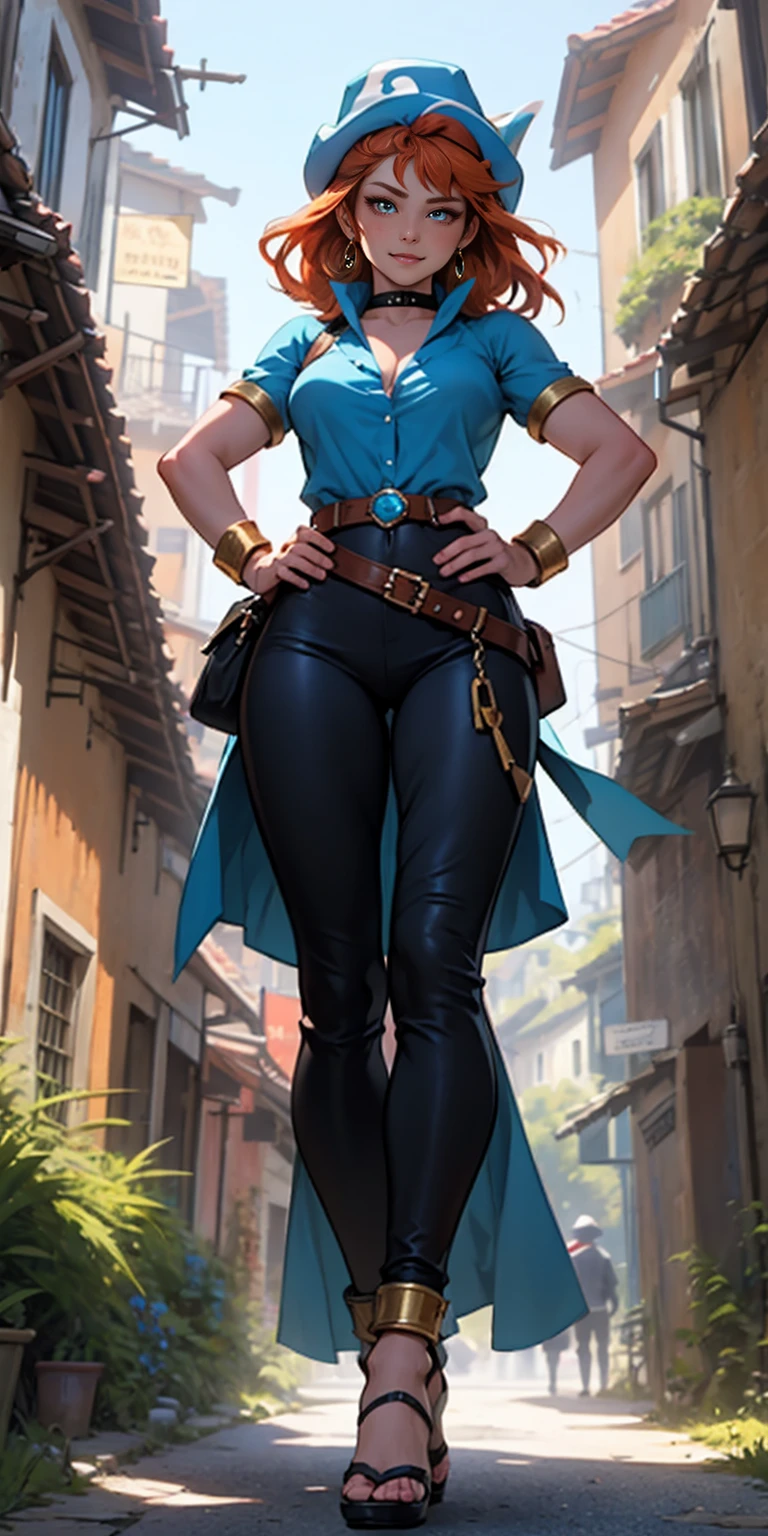 ghibli style, Nausicaa \(Nausicaa\), 1girl, 30 y.o., armlet, bangs, orange hair, Nausicaa outfit, breasts, earrings, floating hair, brown eyes, jewelry, looking at viewer, big breasts, parted bangs, shirt, medium hair, solo, blue shirt , steampunk, ((masterpiece)), from below, looking at viewer, full body standing straight symmetrical, blue high heels, blue wizard hat, black choker, shackles, hands on hip